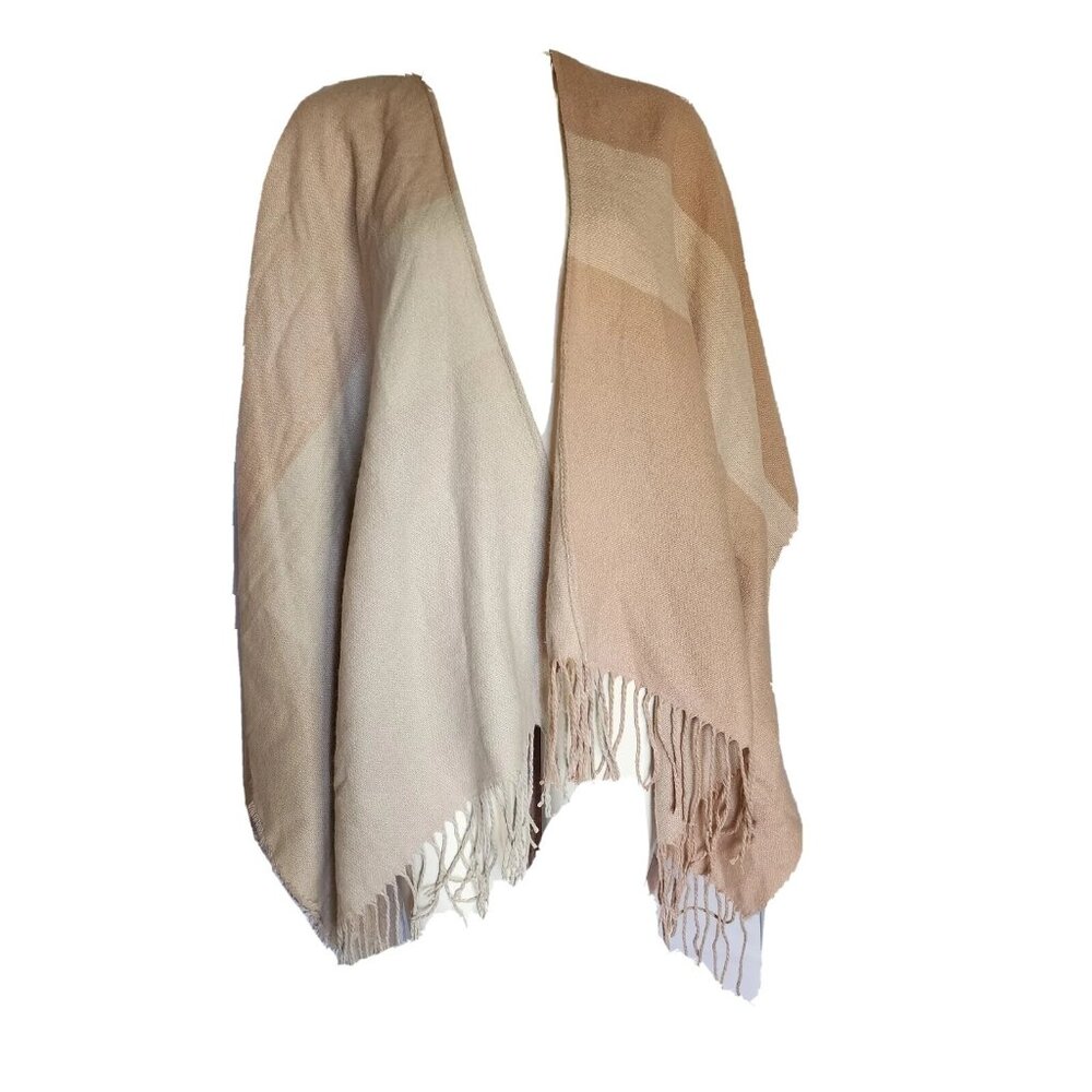 Soia & Kyo Plaid Open Front Shawl Fringe Cardigan‎ Womens One Size Neutral NWT